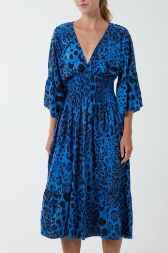 bold-leopard-print-shirred-midi-dress-royal-blue