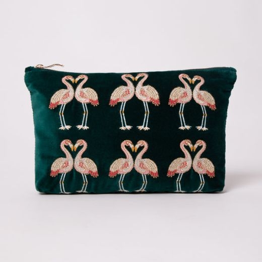 kissing-flamingo-velvet-everyday-pouch-emerald-velvet