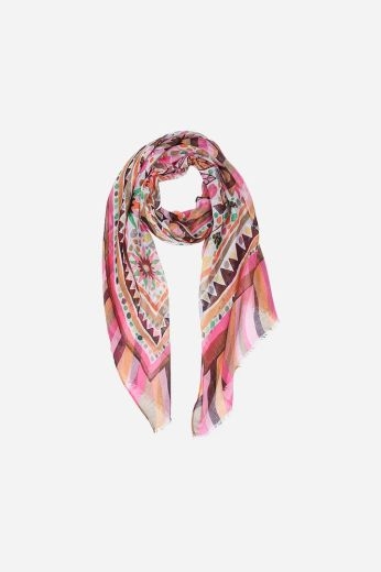 pink-orange-painted-floral-geometric-border-scarf