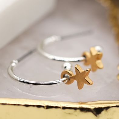 silver-plated-hoop-stud-earrings-with-matt-golden-star