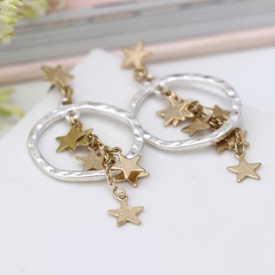 worn-gold-multi-star-cluster-silver-hoop-earrings