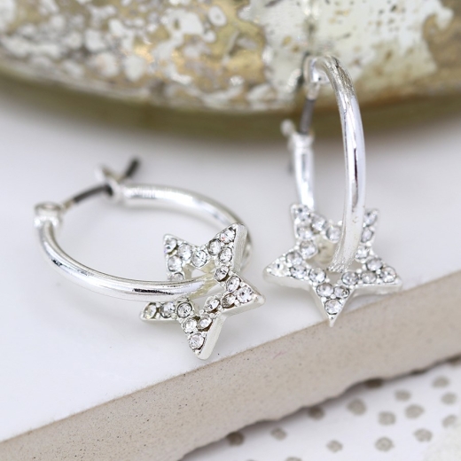 worn-silver-hoop-and-crystal-inset-star-earrings